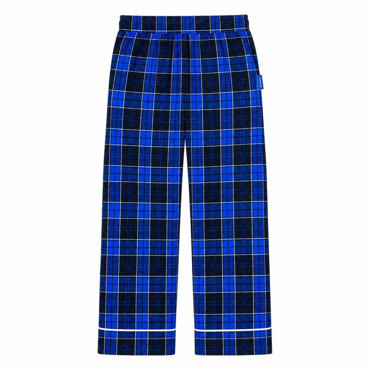 BOEING 2026 Jet Snowflake Unisex Flannel Pants in a blue and black Boeing tartan plaid, featuring an elastic waistband and white trim near the cuffs, displayed on a white background.