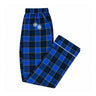 BOEING 2026 Jet Snowflake Unisex Flannel Pants featuring a blue and black tartan plaid design with a delicate white snowflake motif embroidered near the waistband, displayed on a white background.