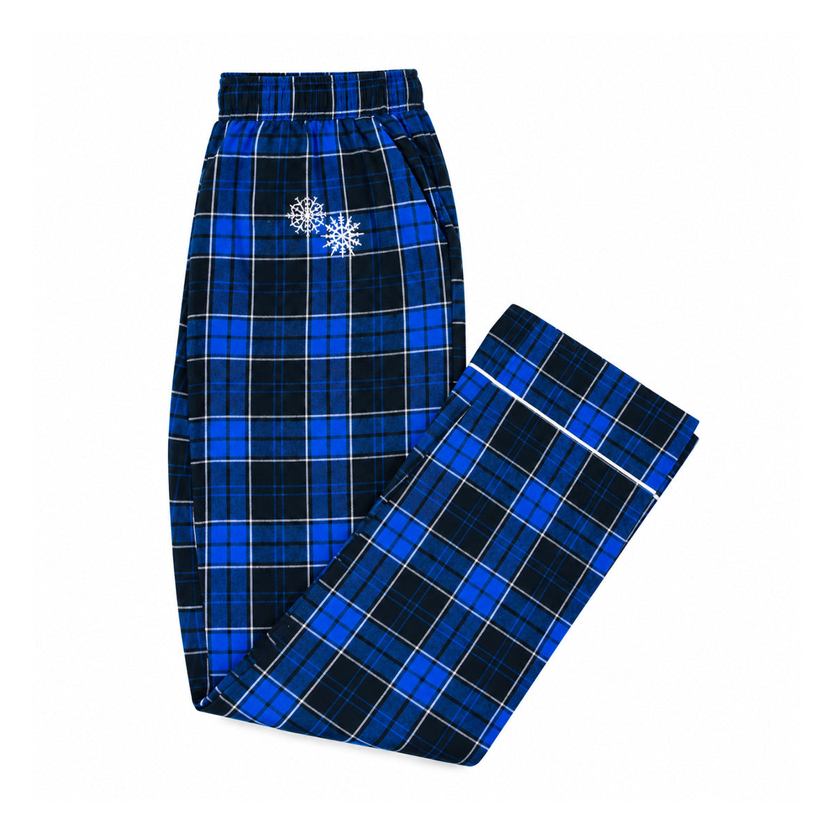 BOEING 2026 Jet Snowflake Unisex Flannel Pants featuring a blue and black tartan plaid design with a delicate white snowflake motif embroidered near the waistband, displayed on a white background.
