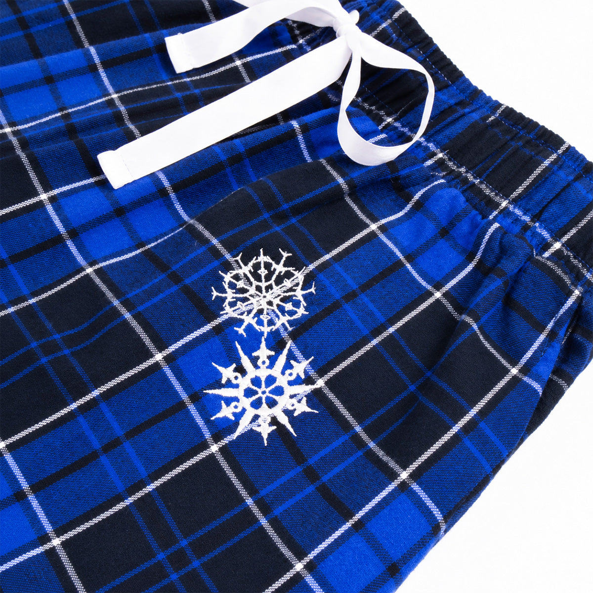 BOEING Boeing 2026 Jet Snowflake Women’s Flannel Pajama Pants feature blue and black tartan plaid flannel, a white drawstring, and two white snowflake designs embroidered near the waist.