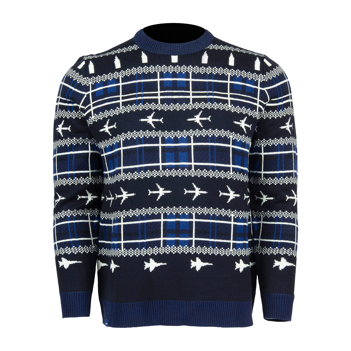 Navy blue Boeing Tartan Unisex Holiday Sweater featuring a white plaid pattern and rows of airplane silhouettes.