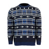 Navy blue Boeing Tartan Unisex Holiday Sweater featuring a white plaid pattern and rows of airplane silhouettes.
