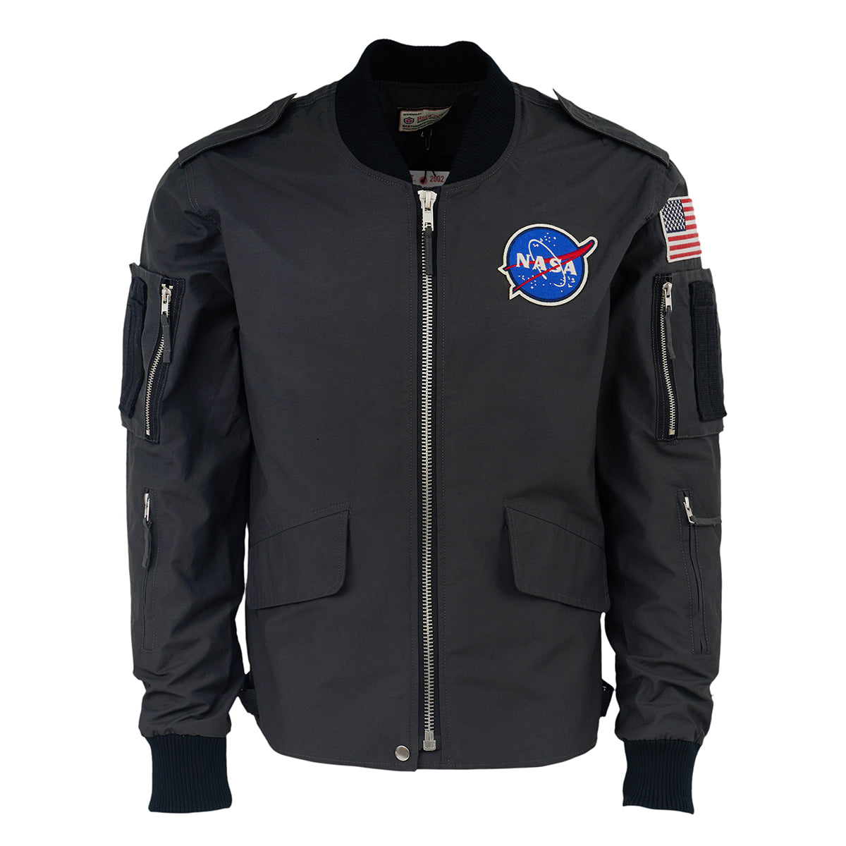 The Boeing Store’s Red Canoe NASA Flight Jacket is a modern-fit black jacket with a front zipper, two front pockets, NASA logo on the left chest, American flag on right sleeve, and zippered pockets on both sleeves.