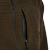 Close up of the front left chest pocket unzipped in olive color.