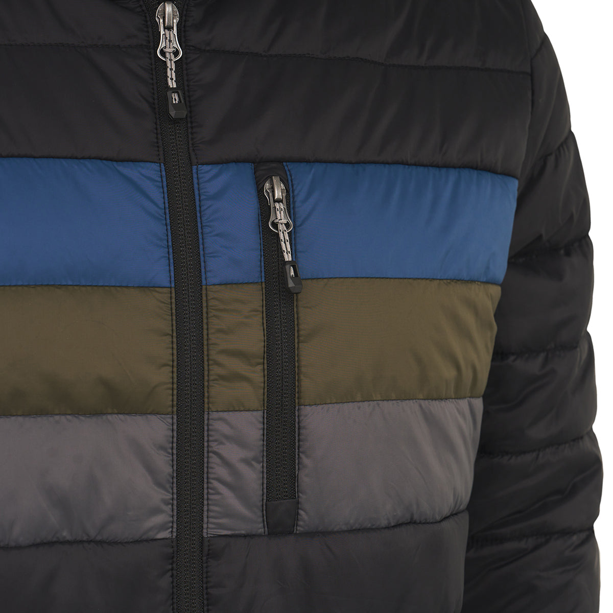 Close-up of the Boeing Men's Tri-Color Hooded Puffer Jacket by BOEING, featuring black, blue, olive green, and gray horizontal stripes, water-resistant fabric, two vertical zippered chest pockets, and visible stitching.