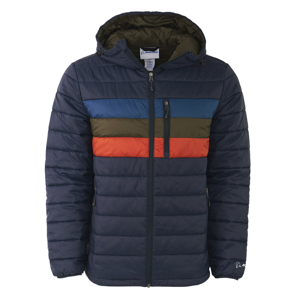 The BOEING Men's Tri-Color Hooded Puffer Jacket is a navy, water-resistant jacket with a front zipper, zippered chest pocket, and horizontal blue, olive green, and orange stripes across the chest.