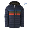 The BOEING Men's Tri-Color Hooded Puffer Jacket is a navy, water-resistant jacket with a front zipper, zippered chest pocket, and horizontal blue, olive green, and orange stripes across the chest.