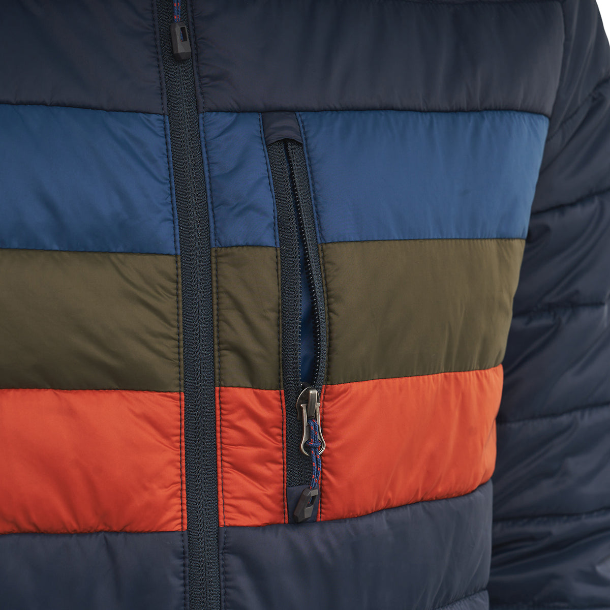 The Boeing Men's Tri-Color Hooded Puffer Jacket by BOEING features bold blue, olive green, and orange stripes, a vertical zippered chest pocket, and water-resistant protection for stylish, practical wear.