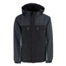 The Boeing Men's Trifecta Ripstop Jacket by BOEING is a black and dark gray, water-resistant jacket with a front zipper, two vertical chest zip pockets, two side pockets, long sleeves, and a subtle brand logo on the left chest.