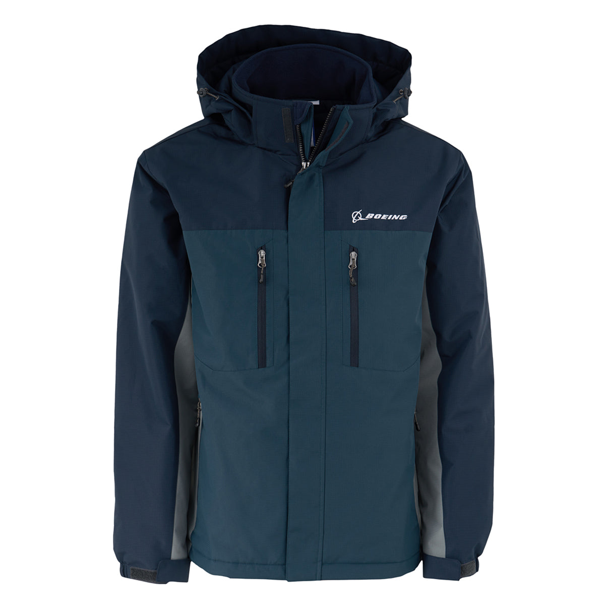 The Boeing Men's Trifecta Ripstop Jacket by BOEING features navy blue and gray water-resistant ripstop fabric, zippered pockets, high collar, adjustable cuffs, cozy hood, and a white Boeing logo on the left chest.