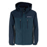 The Boeing Men's Trifecta Ripstop Jacket by BOEING features navy blue and gray water-resistant ripstop fabric, zippered pockets, high collar, adjustable cuffs, cozy hood, and a white Boeing logo on the left chest.