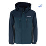The Boeing Men's Trifecta Ripstop Jacket by BOEING features navy blue and gray water-resistant ripstop fabric, zippered pockets, high collar, adjustable cuffs, cozy hood, and a white Boeing logo on the left chest.