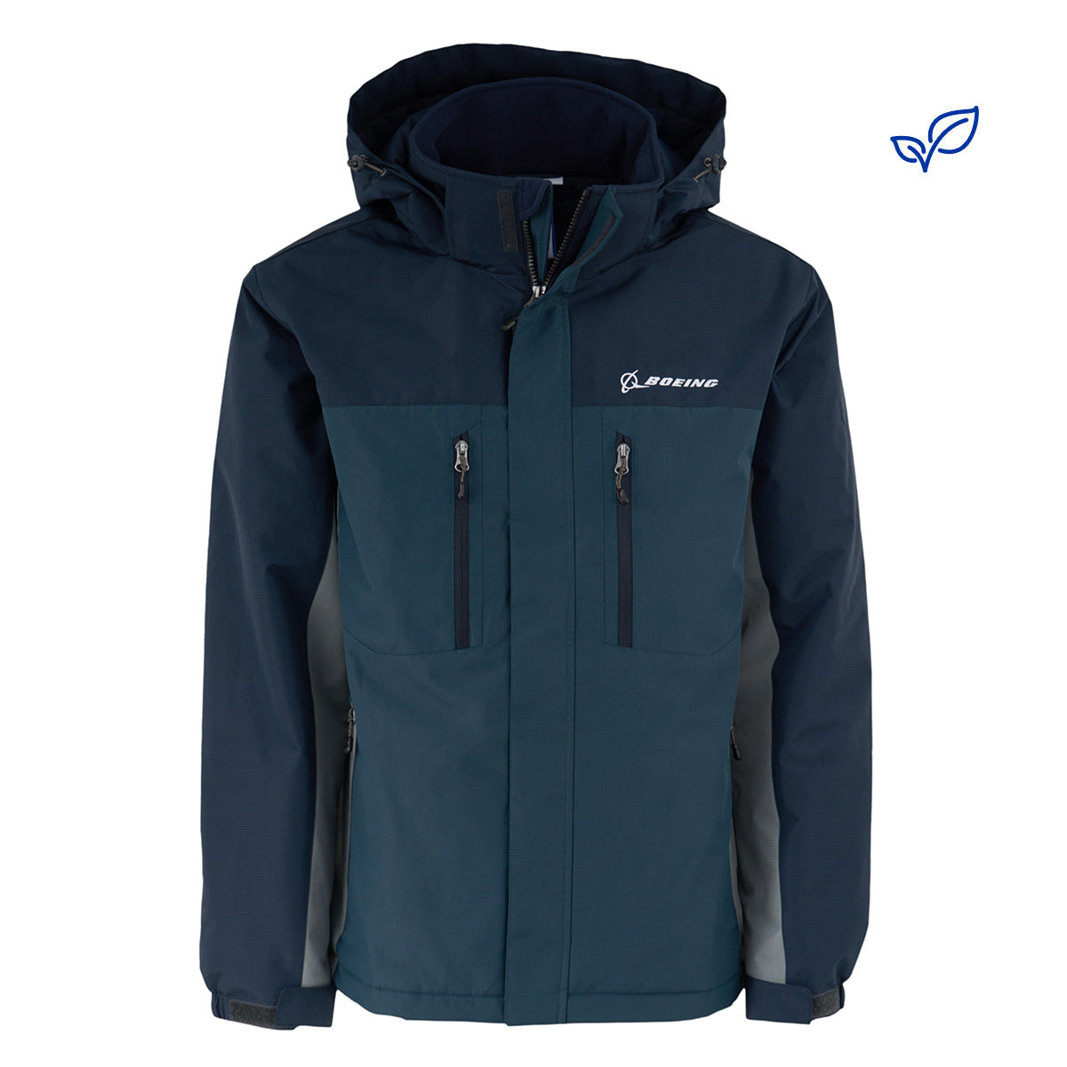 The Boeing Men's Trifecta Ripstop Jacket by BOEING features navy blue and gray water-resistant ripstop fabric, zippered pockets, high collar, adjustable cuffs, cozy hood, and a white Boeing logo on the left chest.
