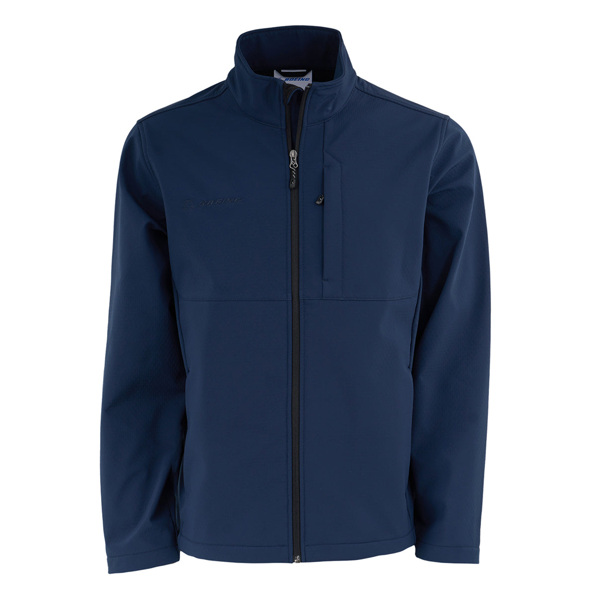 The BOEING Men's Softshell Jacket is shown in navy blue with a front zipper, high collar, zippered chest pocket, and subtle stitching. This wind-resistant jacket is displayed on a plain white background.