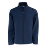 The BOEING Men's Softshell Jacket is shown in navy blue with a front zipper, high collar, zippered chest pocket, and subtle stitching. This wind-resistant jacket is displayed on a plain white background.