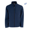 The BOEING Men's Softshell Jacket is shown in navy blue with a front zipper, high collar, zippered chest pocket, and subtle stitching. This wind-resistant jacket is displayed on a plain white background.