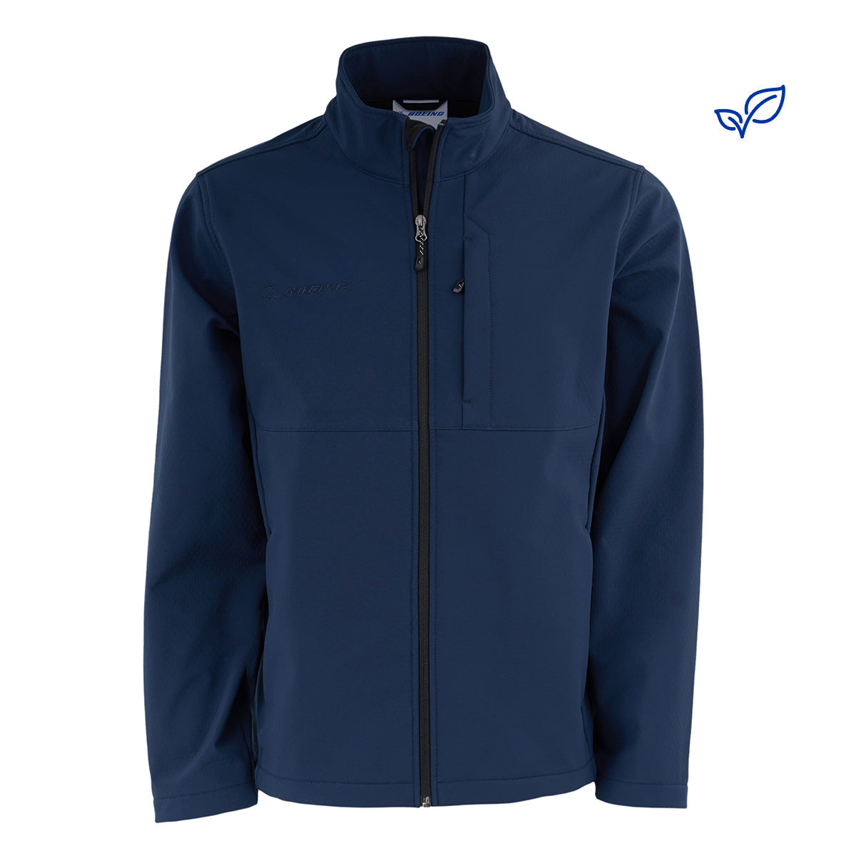 The BOEING Men's Softshell Jacket is shown in navy blue with a front zipper, high collar, zippered chest pocket, and subtle stitching. This wind-resistant jacket is displayed on a plain white background.
