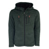 The Boeing Men's Full-Zip Fleece Sweater by BOEING features dark green textured fabric, a hood with brown-accented drawstrings, zippered chest pocket, two side pockets, and a subtle Boeing logo. Shown against a white background.