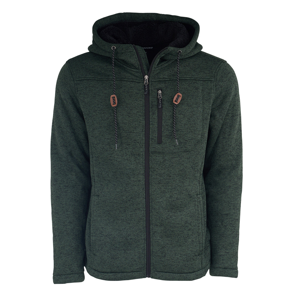 The Boeing Men's Full-Zip Fleece Sweater by BOEING features dark green textured fabric, a hood with brown-accented drawstrings, zippered chest pocket, two side pockets, and a subtle Boeing logo. Shown against a white background.