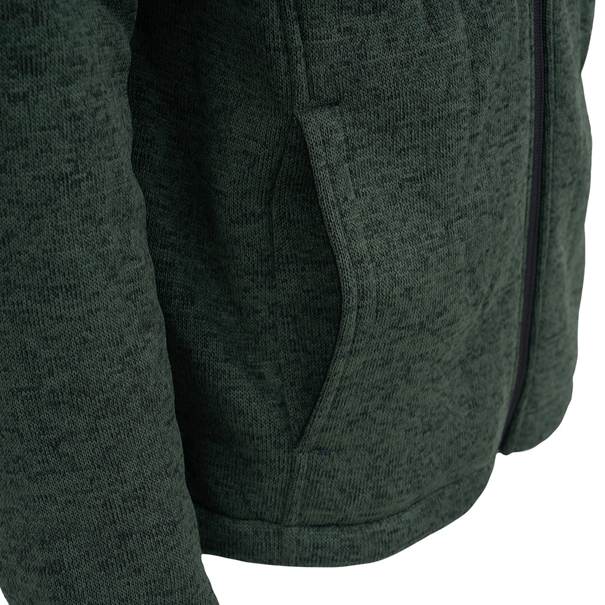 Close-up of the Boeing Men's Full-Zip Fleece Sweater by BOEING, showcasing its dark green heathered texture, cozy soft fabric, front zipper, and Boeing logo near the side pocket.