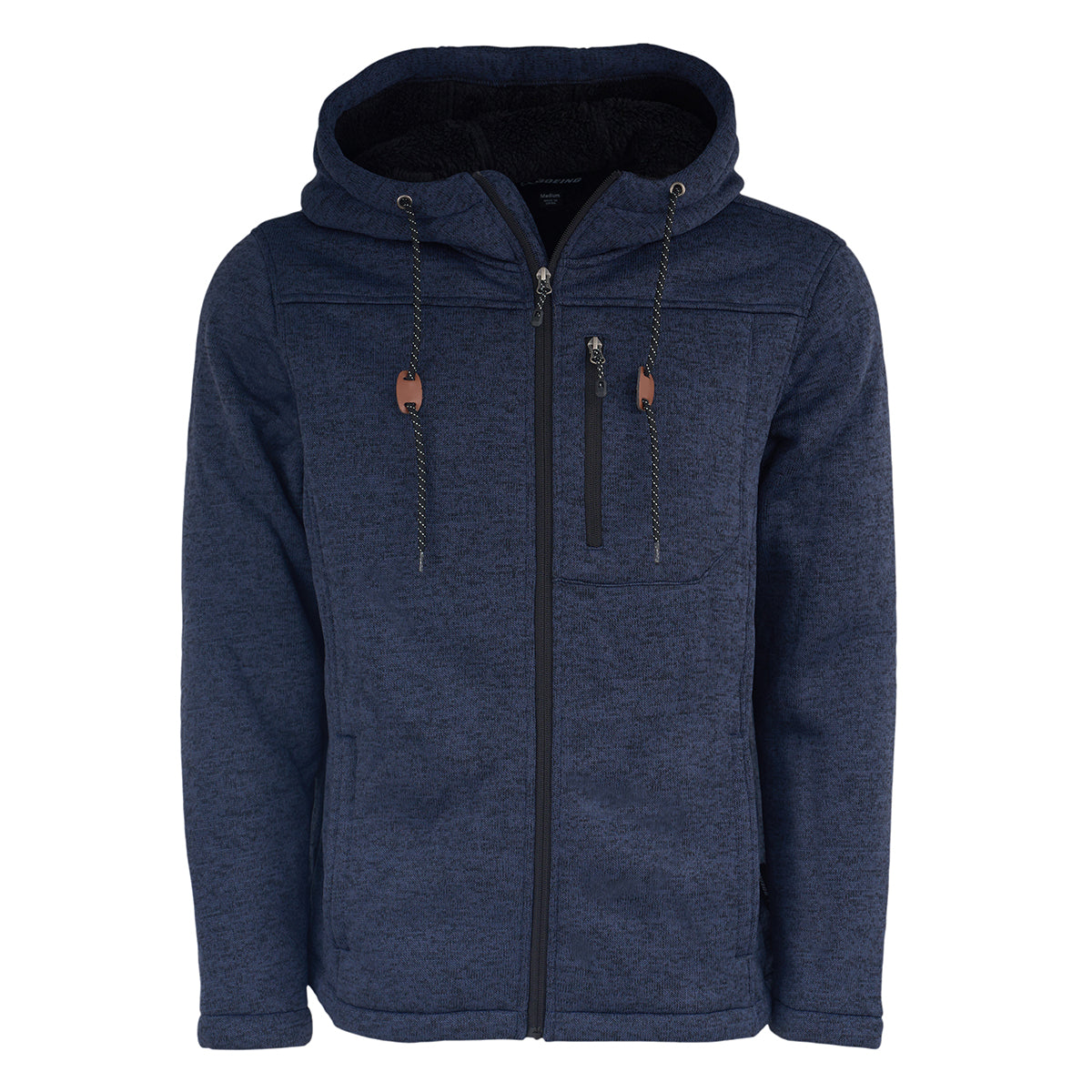 The Boeing Men's Full-Zip Fleece Sweater by BOEING features dark blue fleece, Sherpa lining, a hood with drawstrings, a zippered chest pocket, two side pockets, and a subtle Boeing logo. Displayed on a white background.