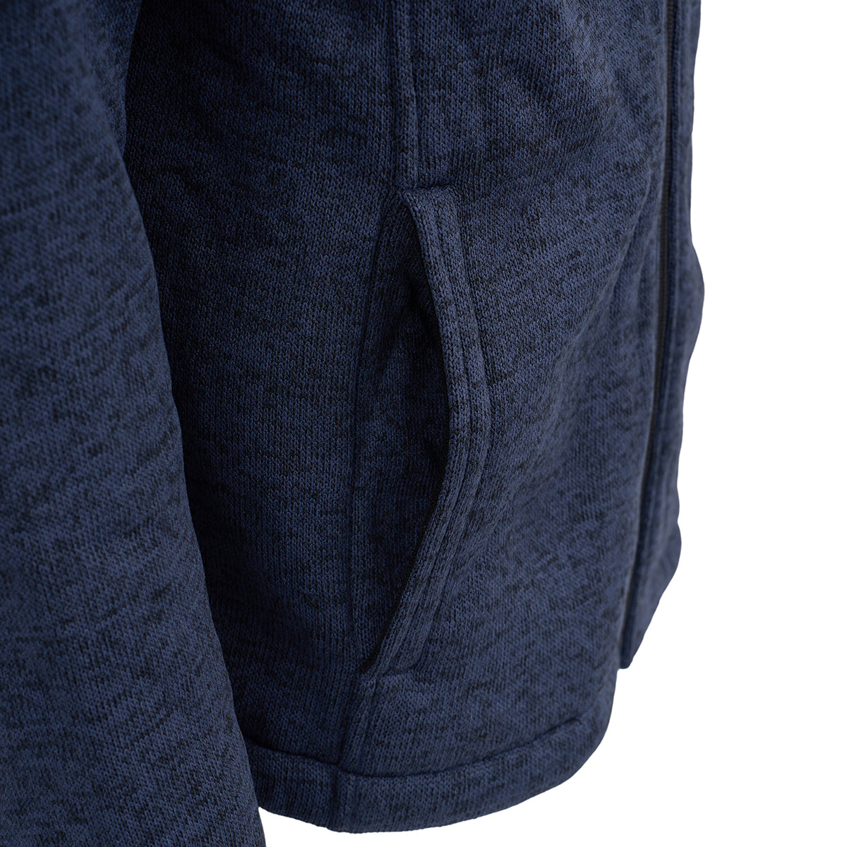 Close-up of the Boeing Men's Full-Zip Fleece Sweater by BOEING, highlighting the dark blue textured fabric, side pocket, and zipper. The material features a subtle speckled pattern with soft Sherpa lining for extra warmth.