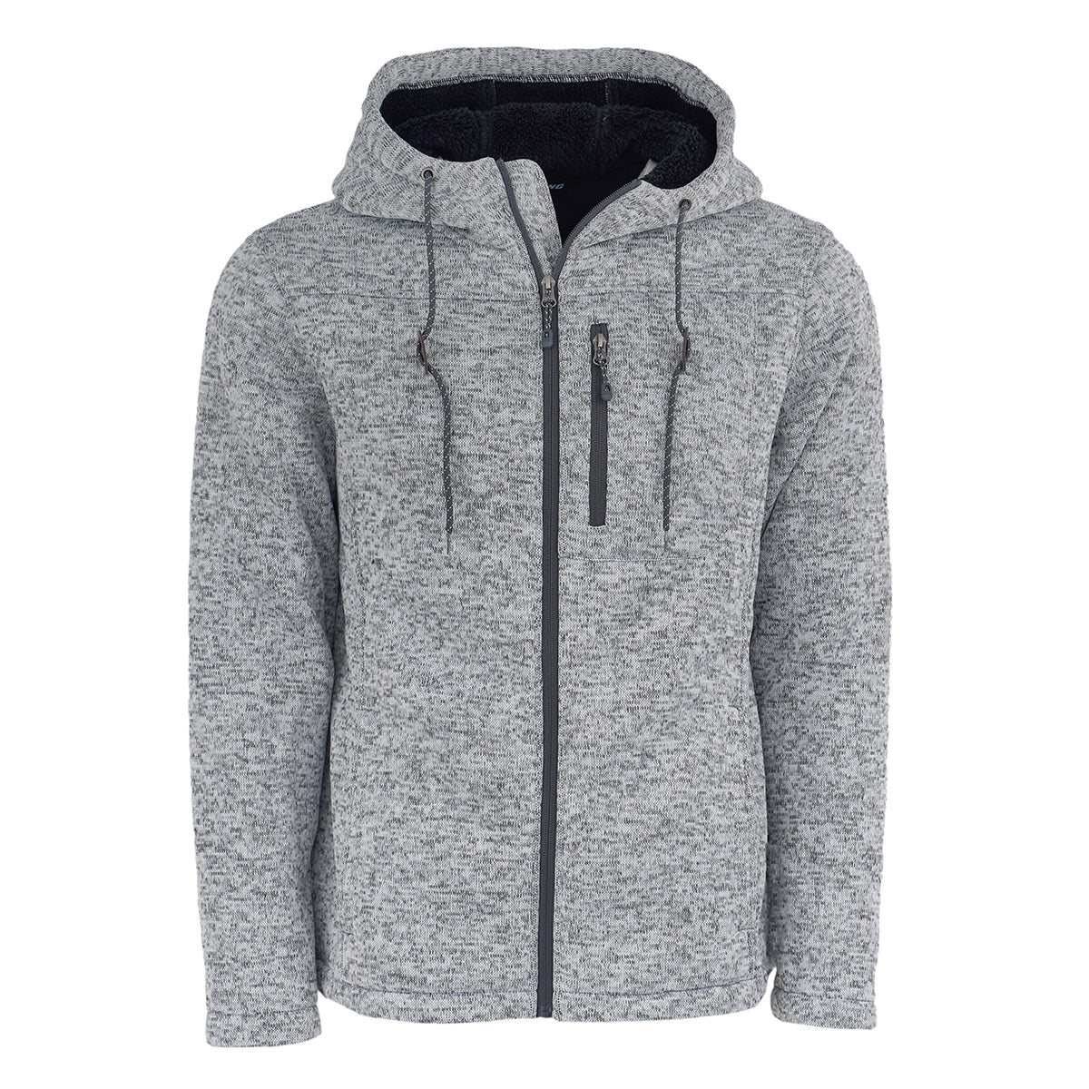 The Boeing Men's Full-Zip Fleece Sweater by BOEING features light gray, soft sherpa-lined textured fabric, a hood with drawstrings, and a zippered left chest pocket. Displayed on a plain white background.