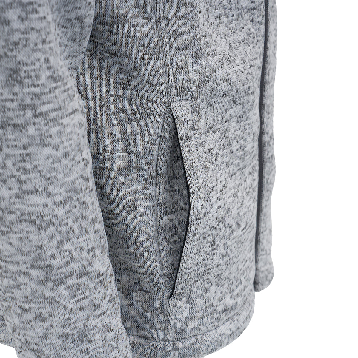 Close-up of the Boeing Men's Full-Zip Fleece Sweater by BOEING, featuring light gray speckled knit, clean stitching on a diagonal side pocket, visible sleeve, and subtle Sherpa lining for warmth.