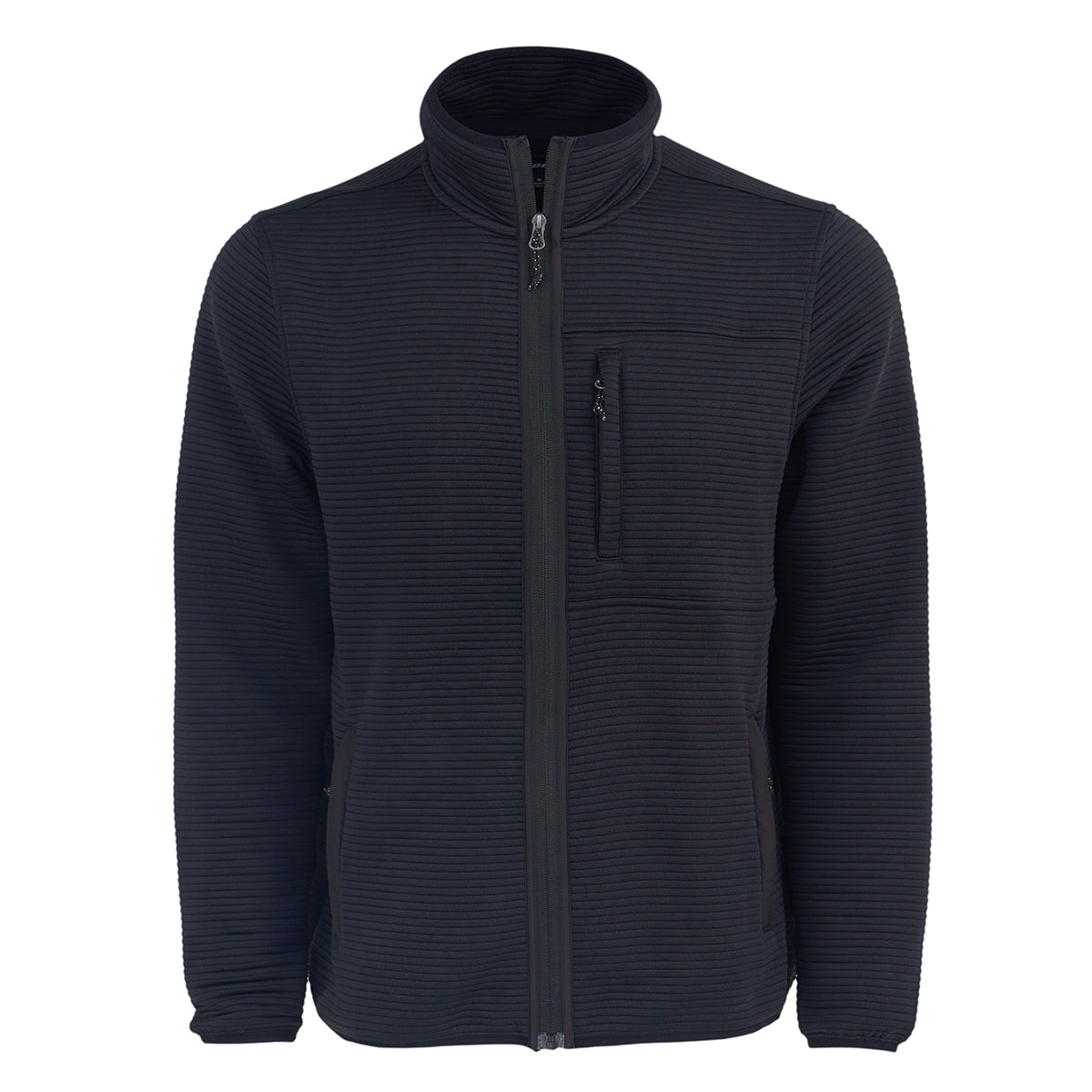 The Boeing Men's Ottoman Quilted Knit Jacket features a black full-zip design, high collar, zippered chest and side pockets, and a stylish horizontal ribbed texture. Displayed on a plain white background.