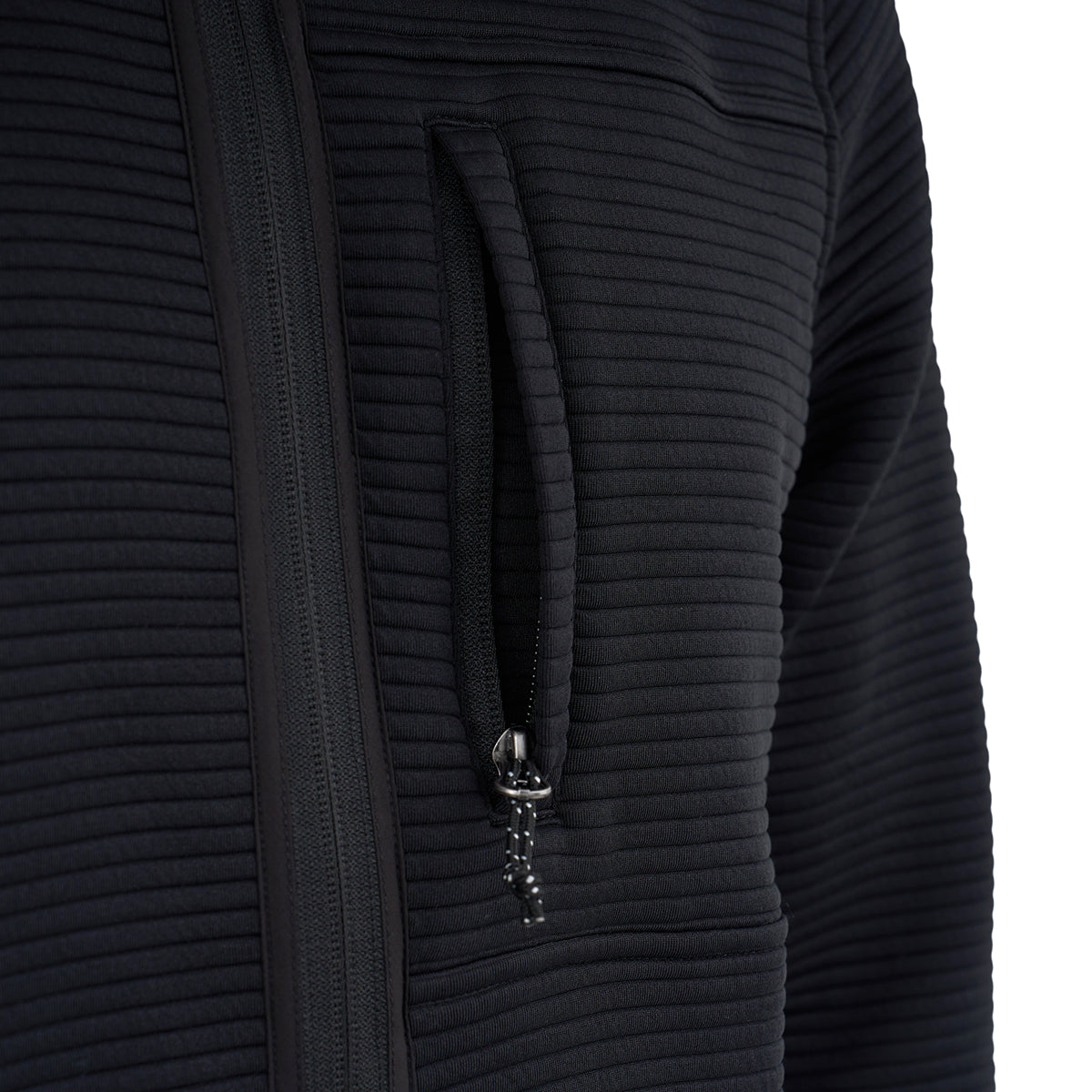 Close-up of the Boeing Men's Ottoman Quilted Knit Jacket by Boeing, showing its black textured fabric with horizontal lines, a vertical zippered chest pocket with pull cord, and part of the main zipper.