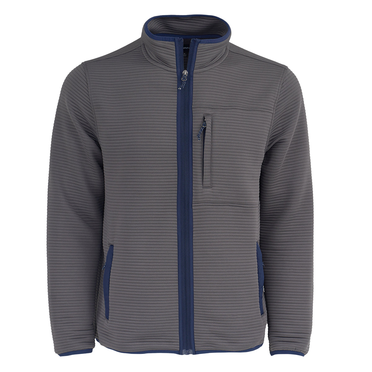 The Boeing Men's Ottoman Quilted Knit Jacket by Boeing features a gray quilted knit design, ribbed texture, navy blue trim, two side pockets, and a zippered chest pocket, displayed against a white background.