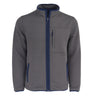The Boeing Men's Ottoman Quilted Knit Jacket by Boeing features a gray quilted knit design, ribbed texture, navy blue trim, two side pockets, and a zippered chest pocket, displayed against a white background.