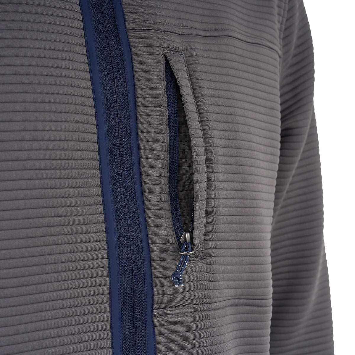 Close-up of the Boeing Men's Ottoman Quilted Knit Jacket in gray, featuring ribbed quilting, a vertical zippered chest pocket, and navy blue zipper trim. Only part of this Boeing jacket is shown.