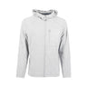 Light gray Boeing Unisex Cashmere Fleece Full-Zip Hoodie with a hood, a zippered chest pocket, and a reflective logo.