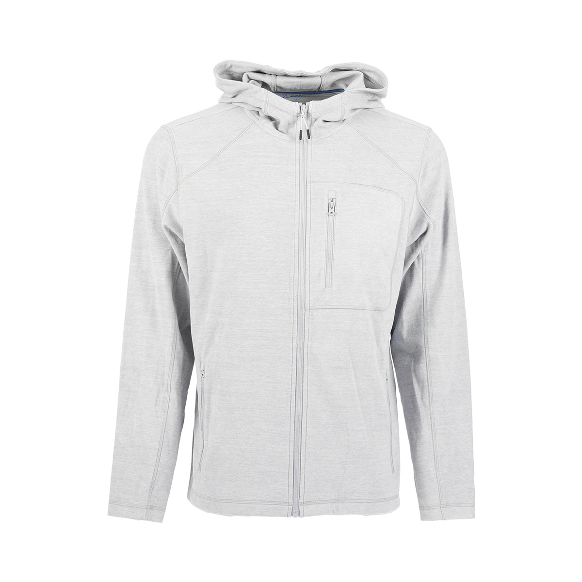 Light gray Boeing Unisex Cashmere Fleece Full-Zip Hoodie with a hood, a zippered chest pocket, and a reflective logo.