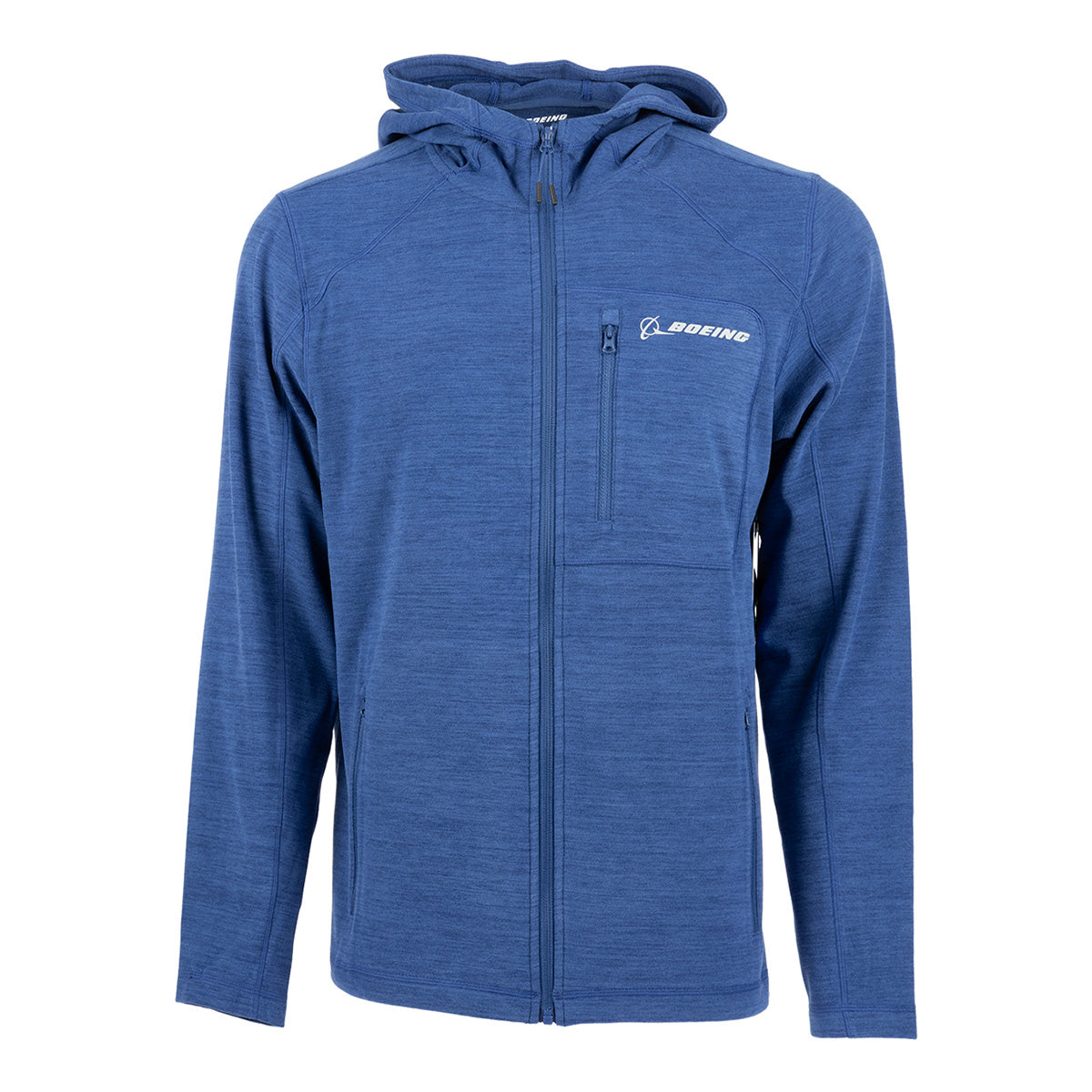 Blue heathered Boeing Unisex Cashmere Fleece Full-Zip Hoodie with a chest pocket and a reflective Boeing logo on the left side.