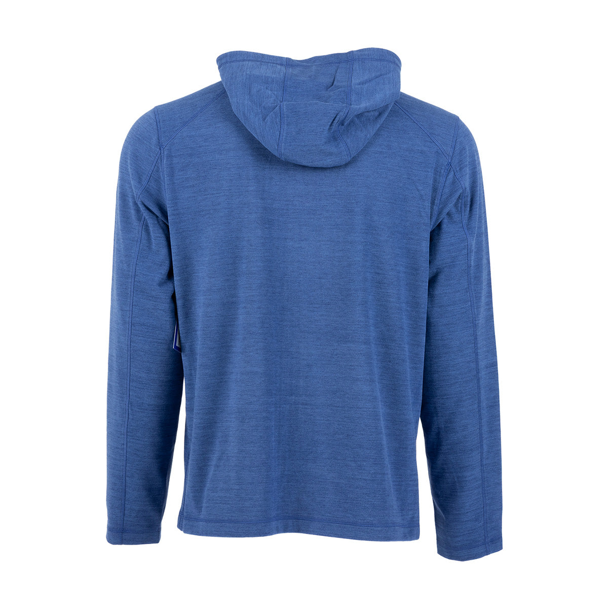 Back view of a blue heathered Boeing Unisex Cashmere Fleece Full-Zip Hoodie featuring a reflective logo.