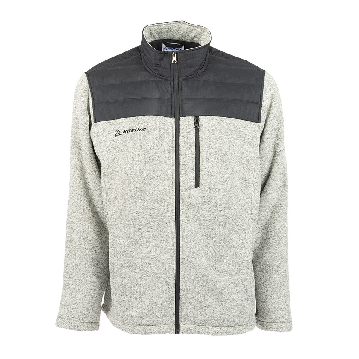 Gray heathered Boeing Unisex Full-Zip Mountain Fleece with black panels on the shoulders and a vertical zippered chest pocket.