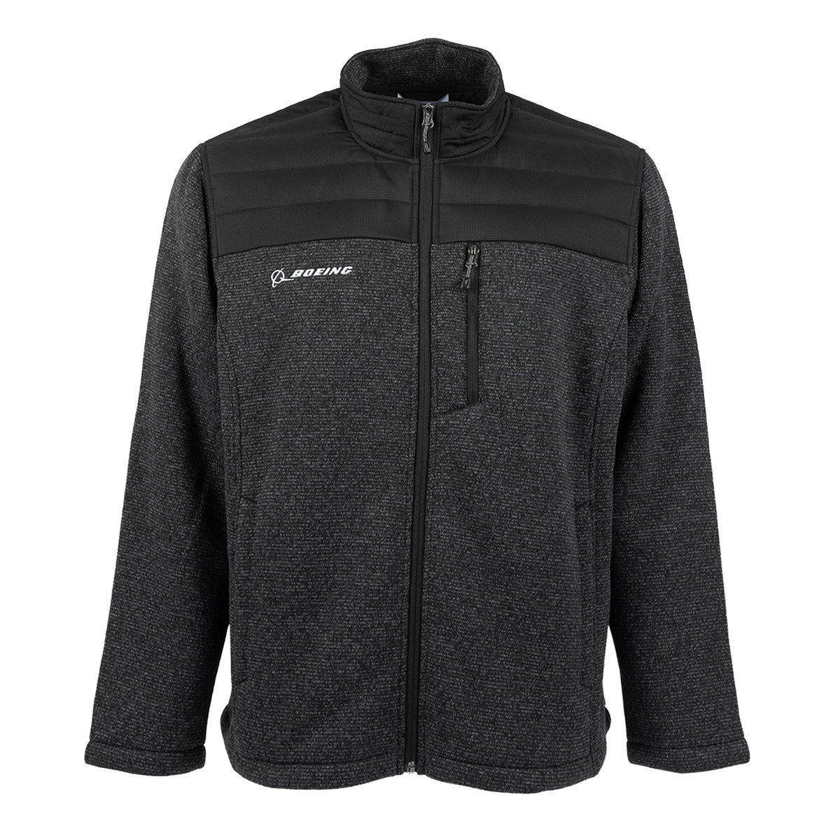 Black and charcoal grey Boeing Unisex Full-Zip Mountain Fleece featuring a chest pocket and a brand logo on the upper left chest.