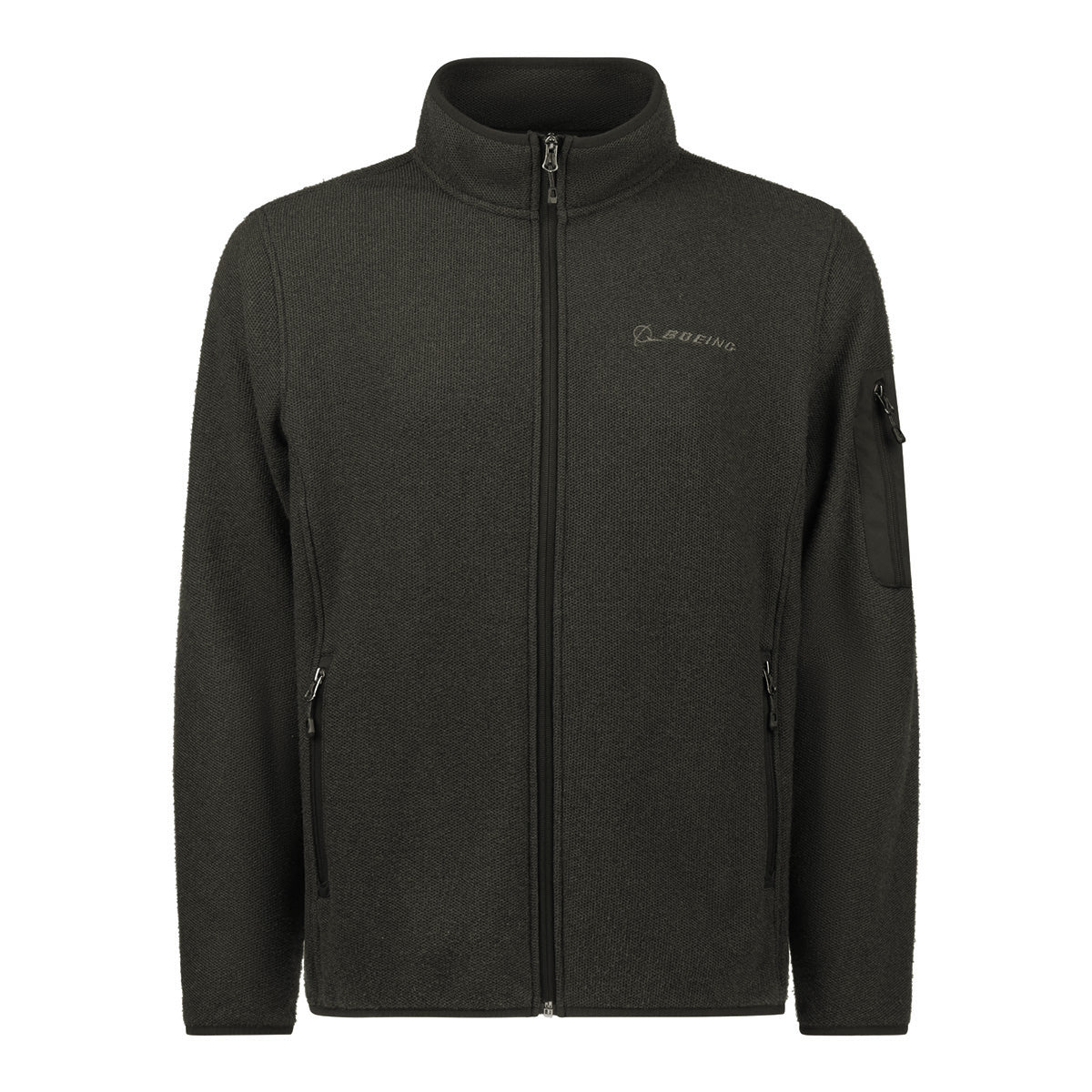 Dark gray Boeing Unisex Full-Zip Pique Fleece jacket with two side pockets, a small sleeve pocket, and a small Boeing logo on the left chest.