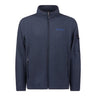 Navy blue Boeing Unisex Full-Zip Pique Fleece jacket featuring a stand-up collar, two zippered side pockets, a zippered sleeve pocket, and an embroidered Boeing logo on the chest.