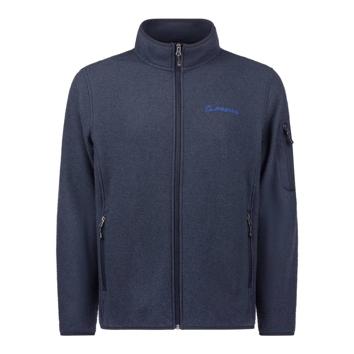 Navy blue Boeing Unisex Full-Zip Pique Fleece jacket featuring a stand-up collar, two zippered side pockets, a zippered sleeve pocket, and an embroidered Boeing logo on the chest.