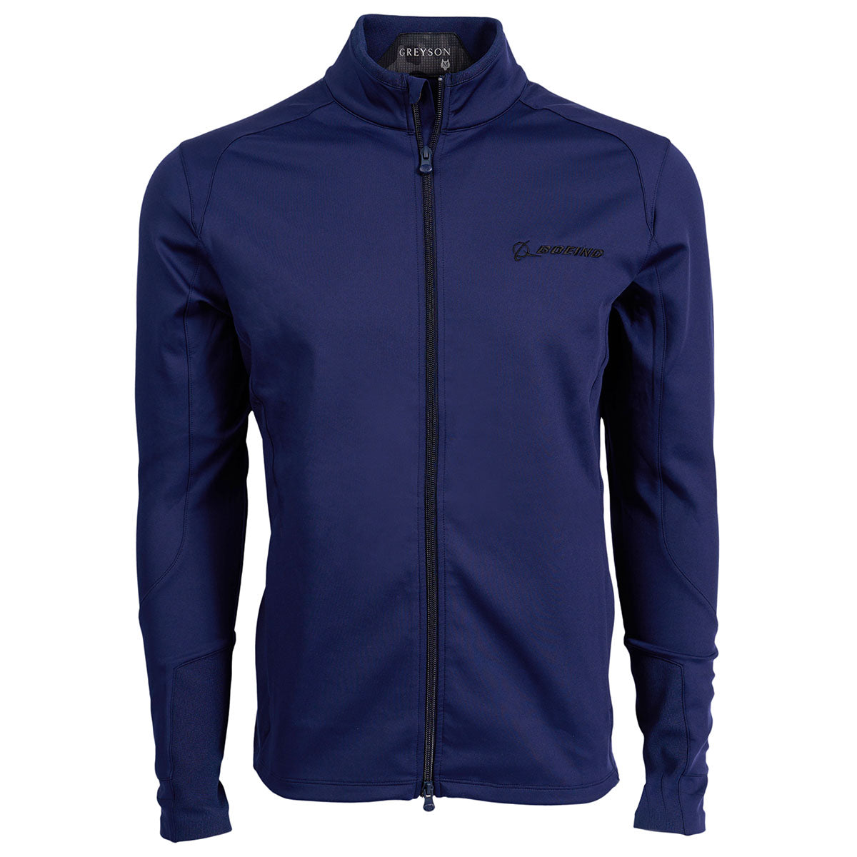 The Boeing Stores Greyson Boeing Mens Sequoia Full-Zip jacket features long sleeves, a stand-up collar, and a subtle chest logo. Made from lightweight Italian windproof shell fabric, it offers athletic comfort.