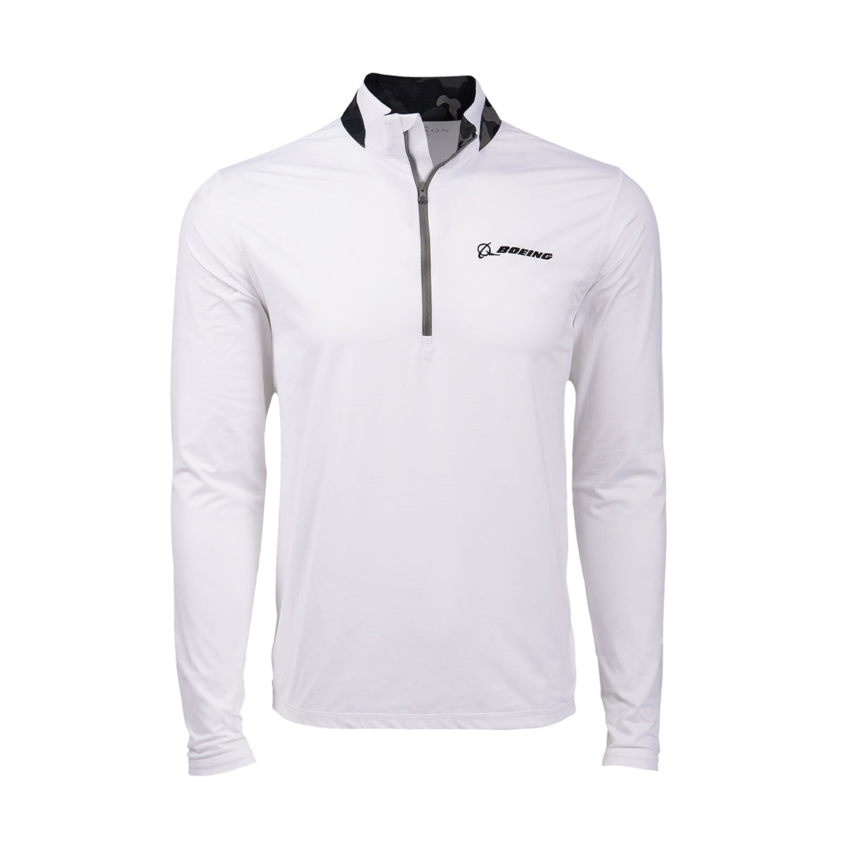Full product image of the quarter-zip in white color.  Black Boeing logo on left chest.  Grey zipper.