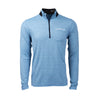 Full product image of the quarte-zip in a heathered light blue color.  White Boeing logo on left chest.  Dark blue zipper.