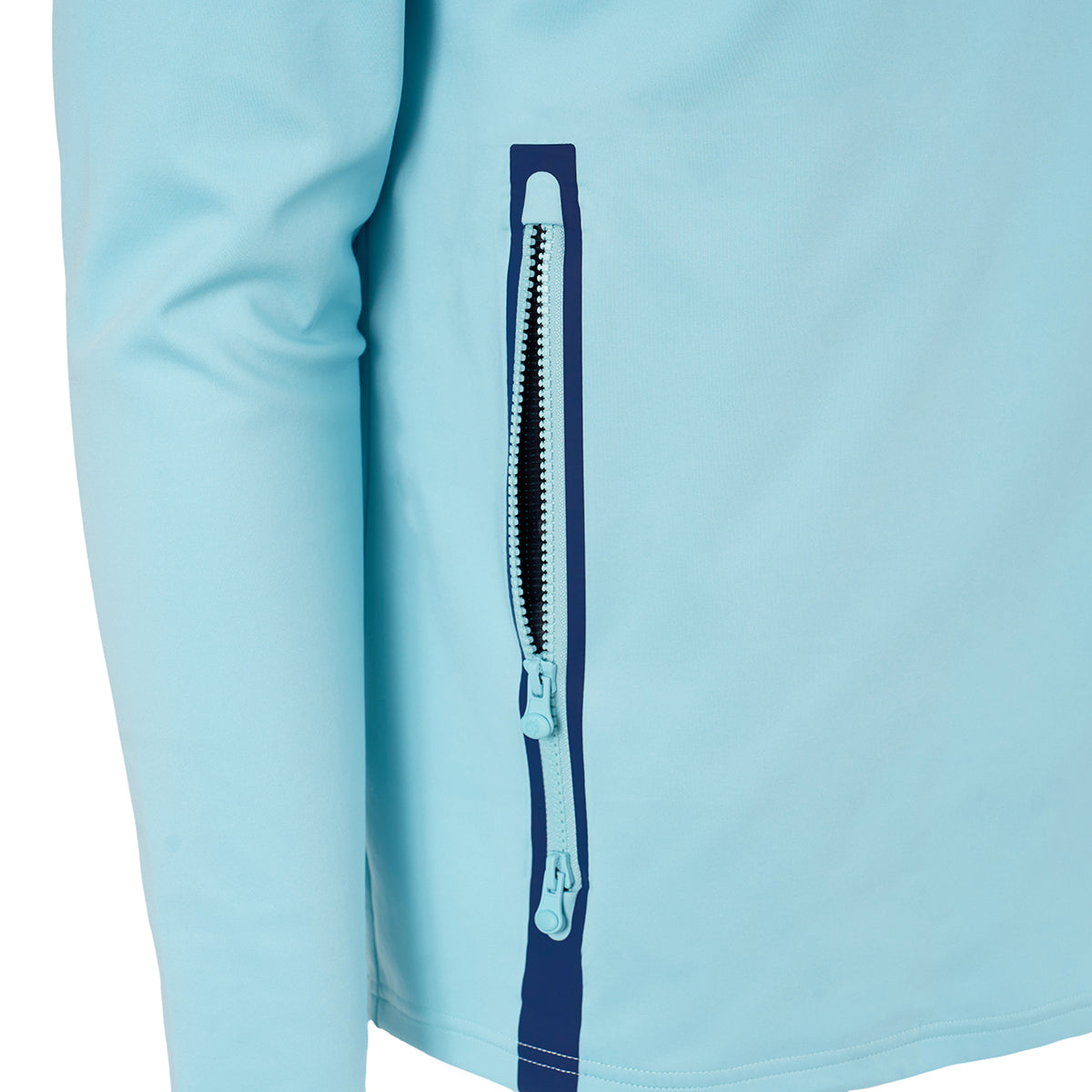Close-up of the Greyson Boeing Men’s Cokato Hoodie by BOEING, a light blue long-sleeve cotton-blend garment showing an elongated side utility pocket with matching blue zipper and pull. Only part of the torso and arm are shown.