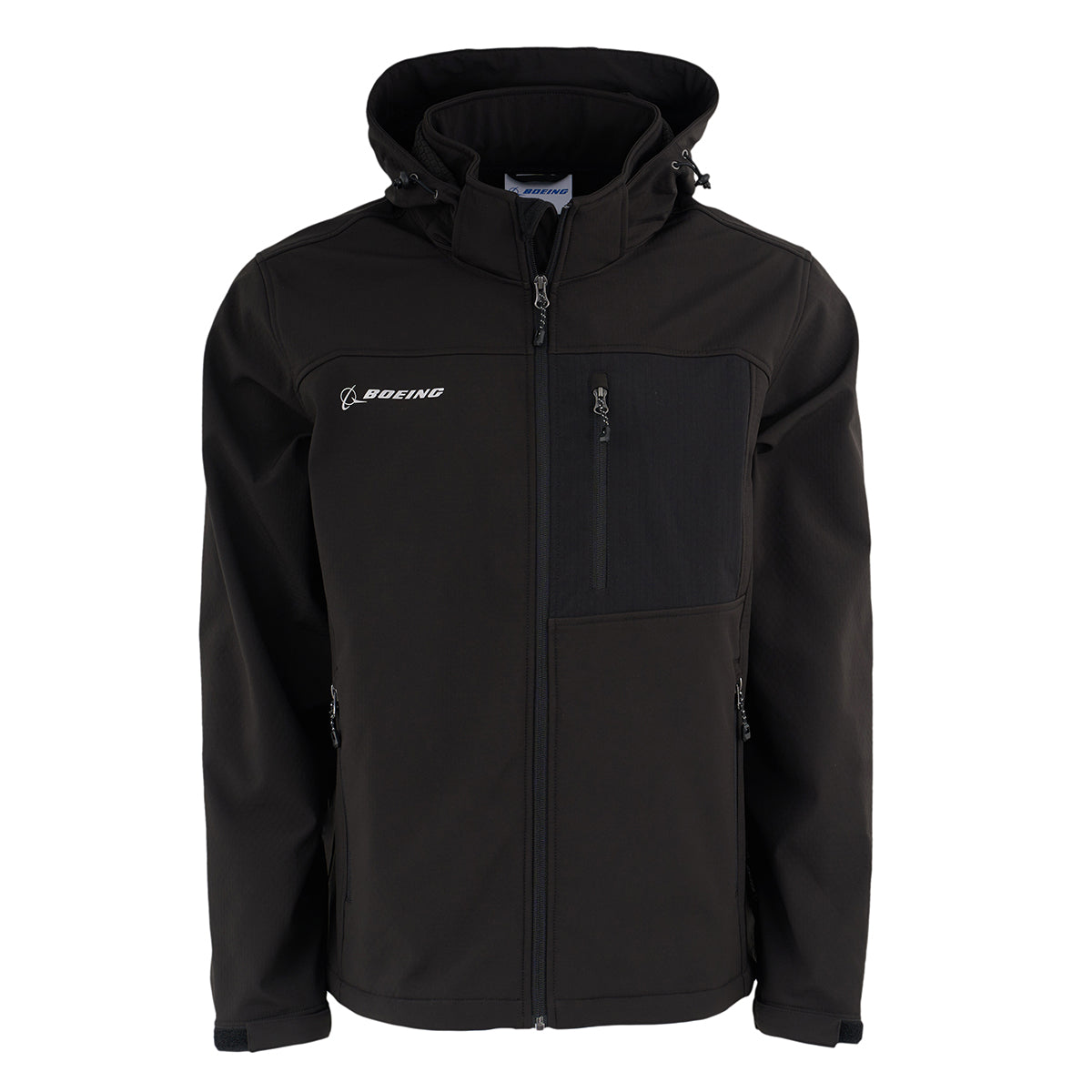 The BOEING Men's Softshell Brick Jacket is a black, water-resistant jacket with a hood, Boeing logo on the left chest, and multiple zippered pockets for style and functionality.