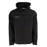 The BOEING Men's Softshell Brick Jacket is a black, water-resistant jacket with a hood, Boeing logo on the left chest, and multiple zippered pockets for style and functionality.