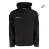 The BOEING Men's Softshell Brick Jacket is a black, water-resistant jacket with a hood, Boeing logo on the left chest, and multiple zippered pockets for style and functionality.