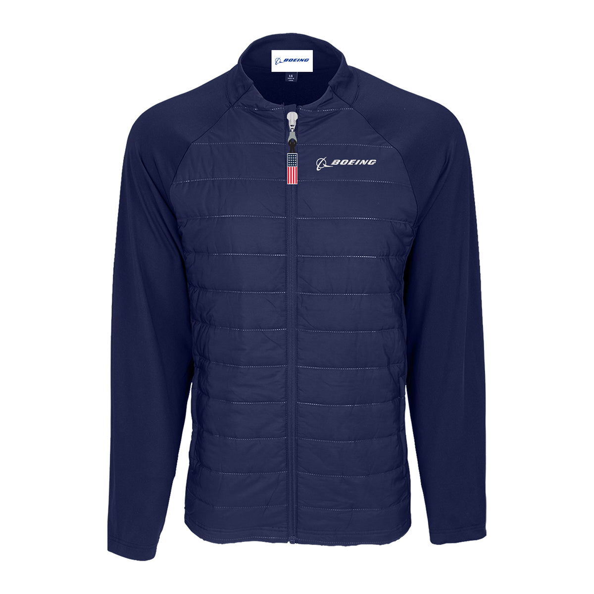 The Boeing Americana Men’s Lightweight Jacket by BOEING features navy blue quilted front panels, a full zipper with American flag pull, raglan sleeves, the Boeing logo on the left chest, and lightweight breathable fabric for comfort.